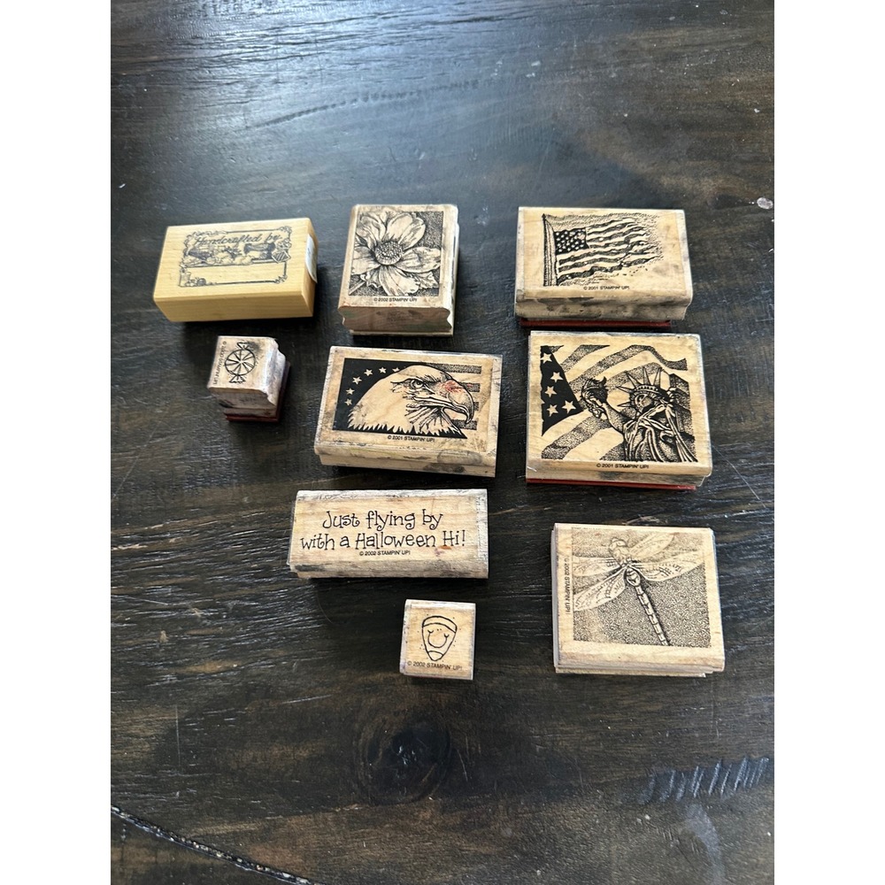 Stampin Up Vintage Wood Mounted Rubber Stamps Lot Patriotic Floral Halloween 9pc